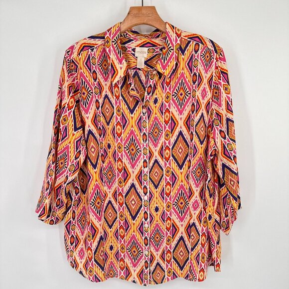 Chicos 3 Womens Ikat Linen Button-Back no iron Shirt blouse 3/4 sleeve Size XL - Picture 8 of 16